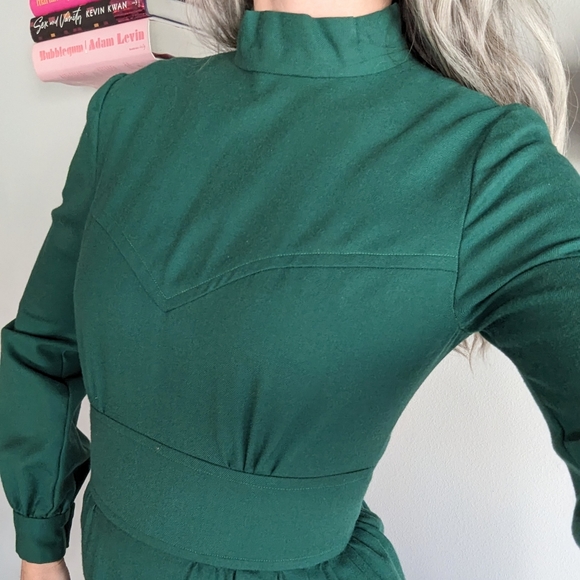 dark green LONG SLEEVE DRESS 1970's vintage S - Picture 6 of 13